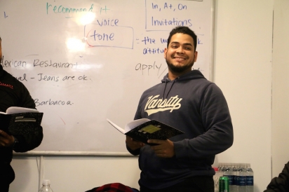 Jhonnattan Diaz, recently promoted to overnight warehouse manager, role-playing sentence stress with a ESL Works classmate 